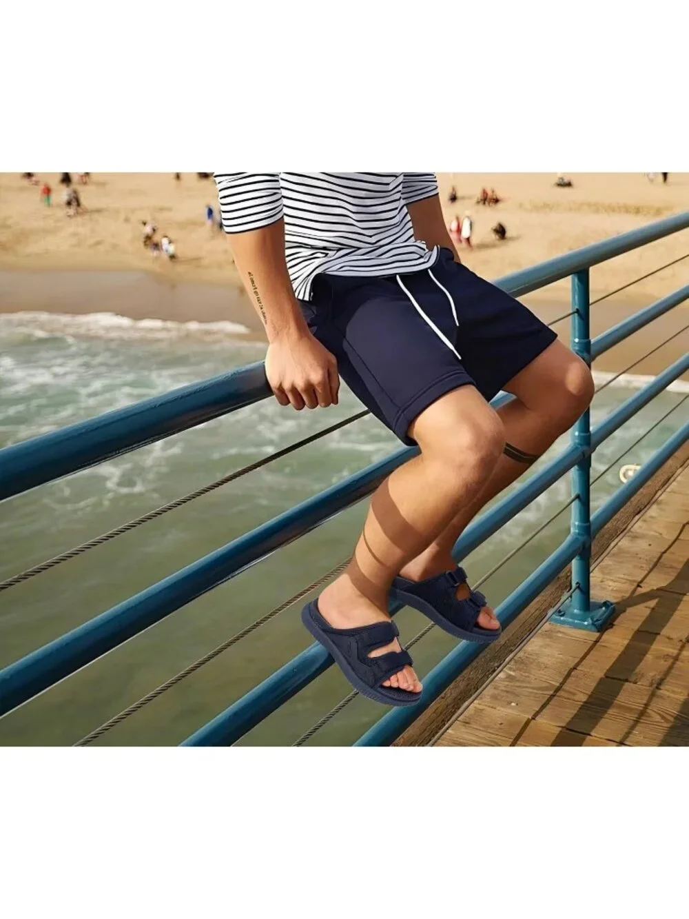 Men Navy Blue Athletic Thick Cushion Recovery Sport Slides Orthotic Sandal Shoes